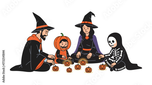 Family Halloween Gathering: A cheerful family, adorned in playful Halloween costumes, gathers around a collection of glowing jack-o'-lanterns, radiating the spirit of togetherness and spooky fun.