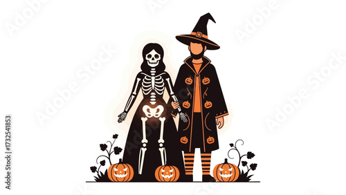 Halloween Costume Couple: A creative illustration portrays a couple in Halloween costumes, the woman dressed as a skeleton and the man as a witch, surrounded by pumpkins