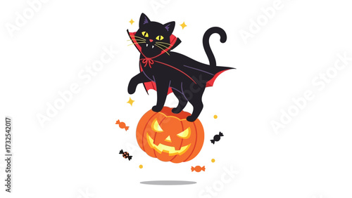 Halloween Cat and Jack-o'-Lantern: A whimsical illustration depicts a black cat dressed in a cape, standing atop a glowing jack-o'-lantern, embodying the spirit of Halloween.