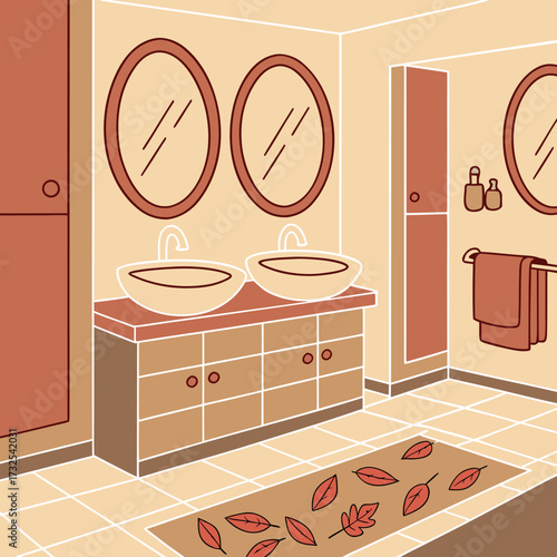 Cozy Autumn Bathroom with Double Sink and Leaf Decor