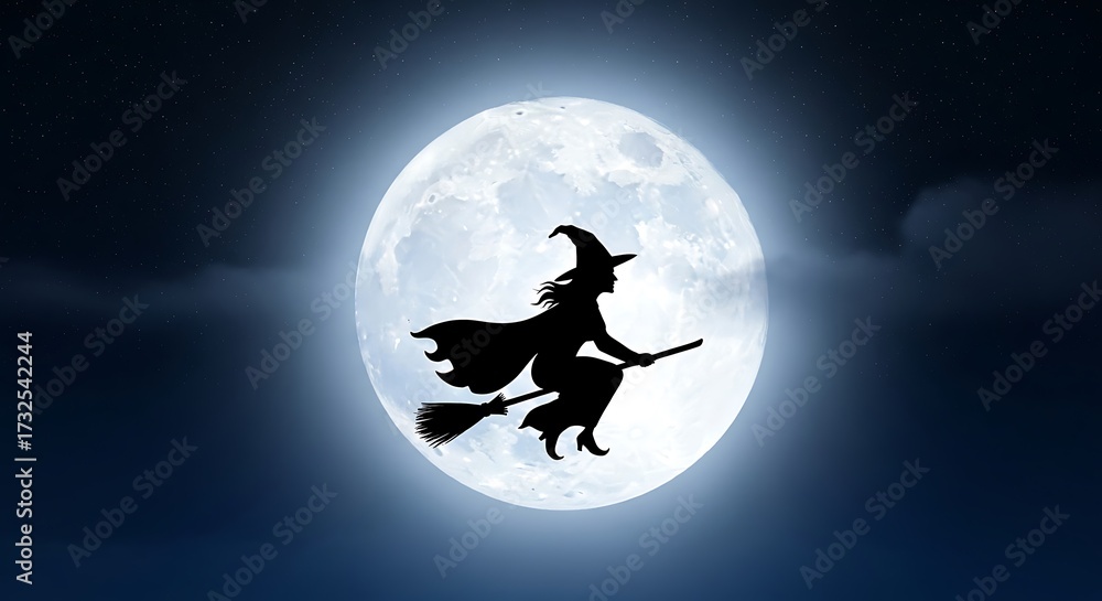 Naklejka premium Enchanting Halloween night with silhouette witch flying across moonlit sky