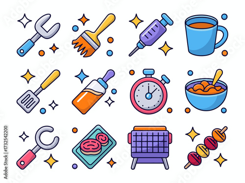 Collection of Whimsical Cartoon Tools and Food Items for Crafts and Culinary Adventures a Fun Vector Set
