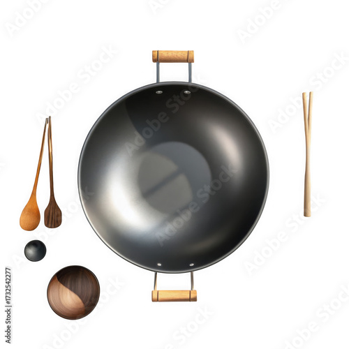 3d carbon steel wok with wooden handles isolated on transparent background