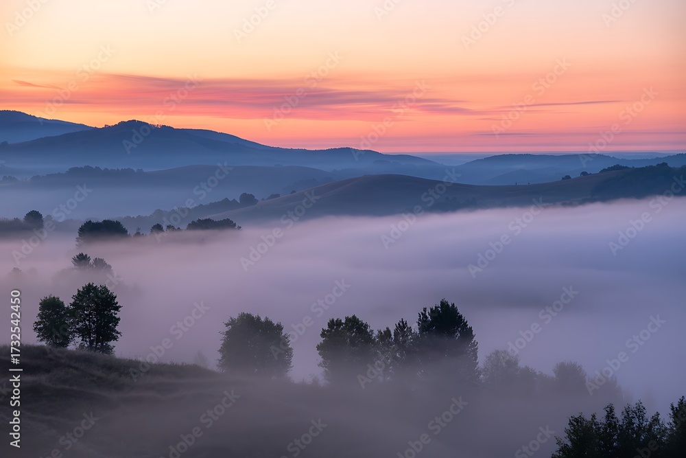 Fototapeta premium Stunning sunrise over misty hills with pink and orange sky creates a peaceful and serene atmosphere, perfect for travel and nature inspiration