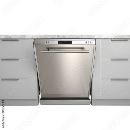 3d stainless steel dishwasher integrated into modern kitchen cabinets isolated on transparent background