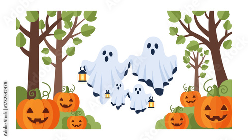 Ghostly Gathering: A family of whimsical ghosts and grinning jack-o'-lanterns populate a whimsical forest clearing, perfect for Halloween celebrations.
