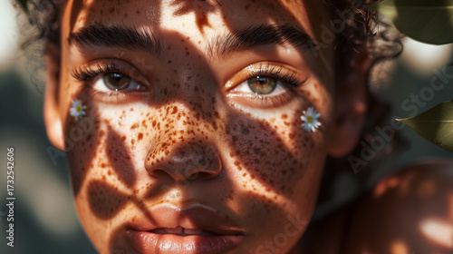 A girl with freckles on her face, where the shadows of white daisies fall, looks gentle and enchanting.