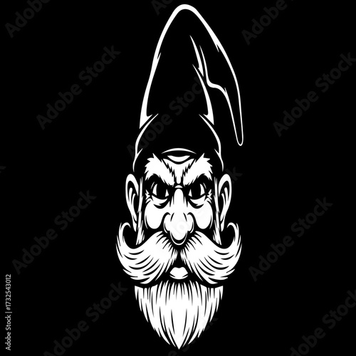 Illustration of a grumpy gnome with a long beard and pointy hat