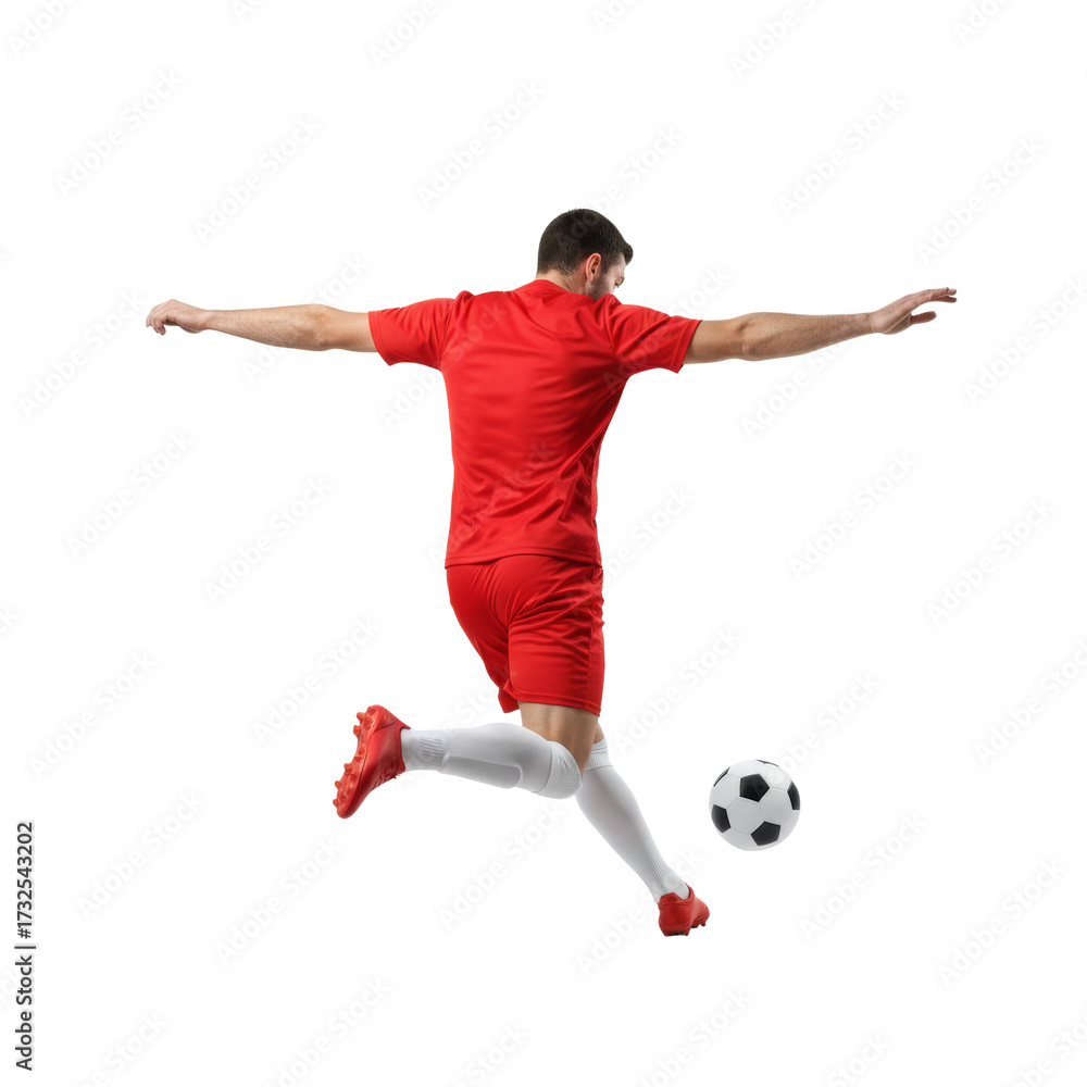 Fototapeta premium Dynamic football action shot of a male player executing a powerful kick with determination