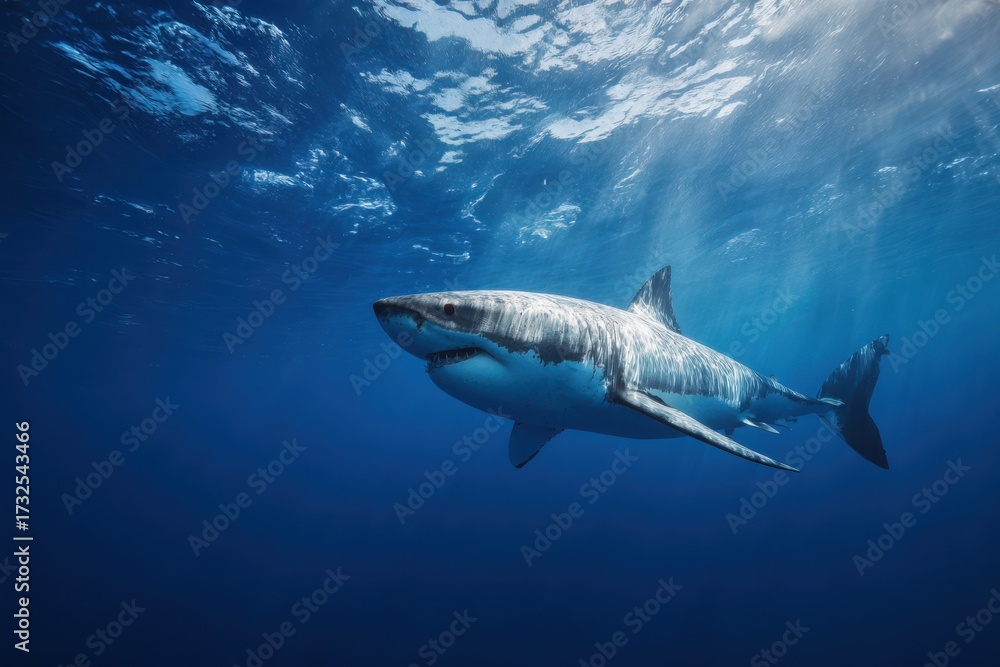 Fototapeta premium Great White Shark Underwater, Powerful Predator Swimming in Ocean - Wildlife Photography, Marine Life, Ocean Predator, Dramatic Lighting, Underwater Scene