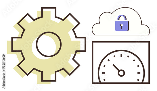 Gear, cloud with lock, and speedometer symbolizing system optimization, data security, and performance. Ideal for technology, IT, digital growth cloud computing innovation and efficiency. Simple