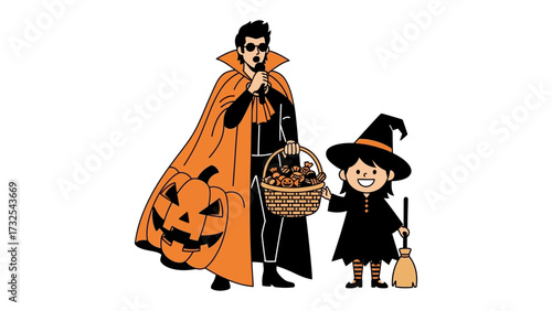 Spooky Family Halloween Celebration: Embrace the spirit of Halloween with this fun illustration of a father in a Dracula costume with his daughter in a witch outfit, both enjoying a night of treats.