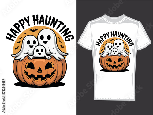 Ghost family sitting inside carved pumpkin, cute Halloween t-shirt art	
