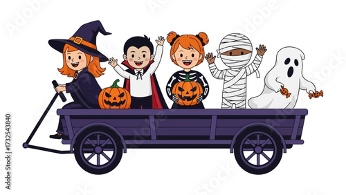 Halloween Costume Parade: Charming cartoon figures, costumed as a witch, a vampire, and a mummy, ride in a wagon, ready for a night of spooky fun. Capture the festive spirit.