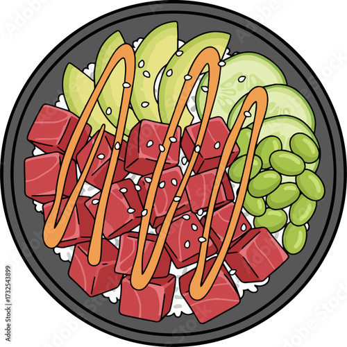 Vector art of a pocky bowl made with fresh tuna, avocado, and cucumber arranged in a bowl. This isolated image is an attractive graphic for a food delivery service, cafe logo, or nutrition website.