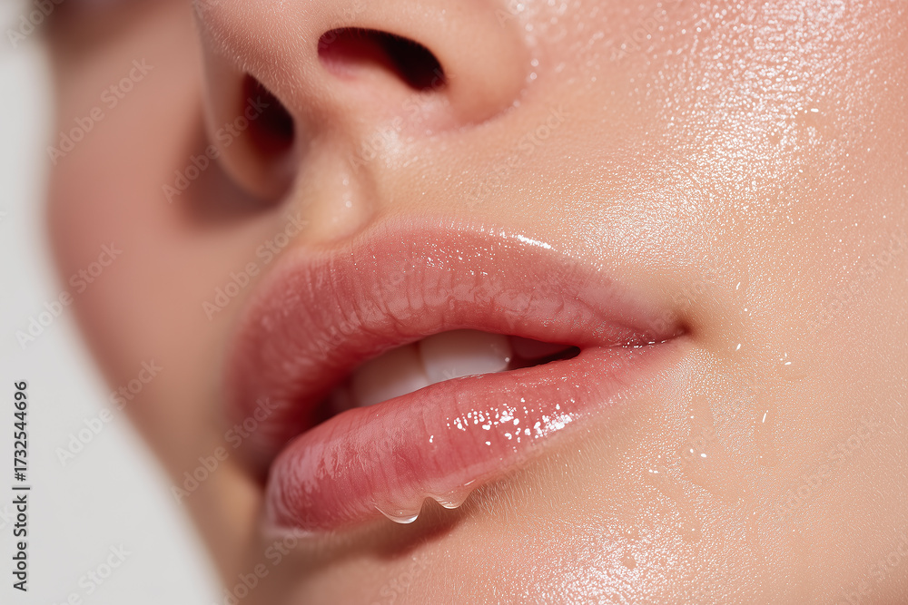 Fototapeta premium Hydrated lips close up with smooth glowing skin and water droplets on cheek showing fresh natural beauty and softness