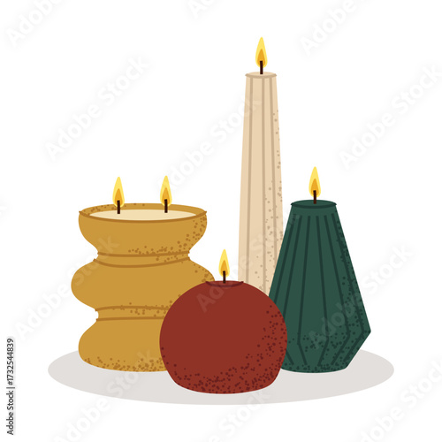 Cozy candle composition illustration for festive home decor, Christmas and New Year greeting cards