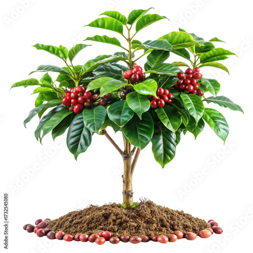 A vibrant coffee plant with ripe red cherries and dark green leaves