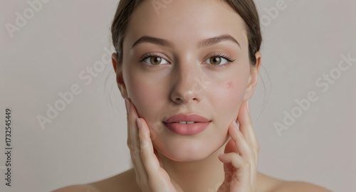Close Up of Woman Touching Face with Skin Problem on Plain Background