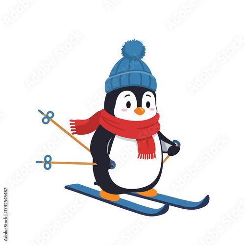Cartoon Penguin Character Skiing with Blue Hat and Red Scarf Illustration