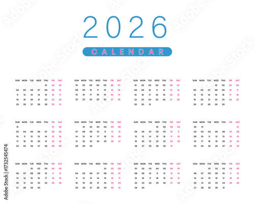 2026 Calendar Vector Template Modern Minimal Yearly Planner Design in Blue and Pink Editable Printable Office Wall Desk Calendar Layout Professional Corporate Planner