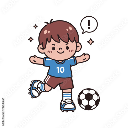 Cheerful Cartoon Soccer Player Kicking Ball with Exclamation Mark Above