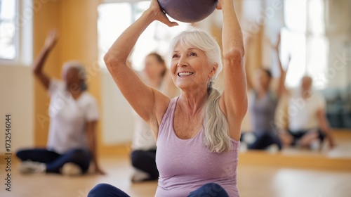A blond senior woman doing sport exercises in a gym, active aging and well-being concept, activity and mental health of elderly people, AI-generated