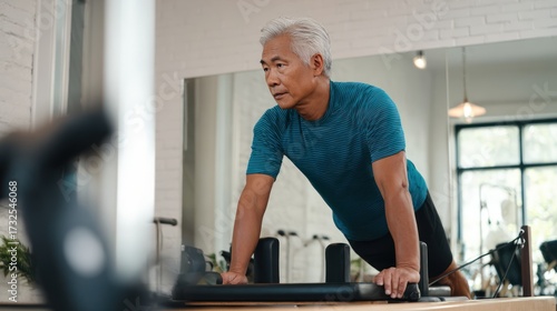 An senior Asian man doing sport exercises in a gym, active aging and well-being concept, activity and mental health of elderly people, AI-generated