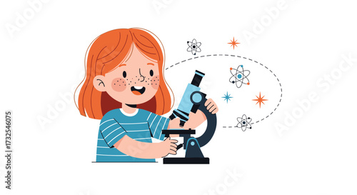 A curious young girl excitedly explores the microscopic world through a science experiment.