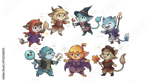 Enchanting Creatures' Gathering: A charming collection of whimsical characters, each uniquely styled in vibrant, eye-catching attire, congregates in a heartwarming fantasy scene.