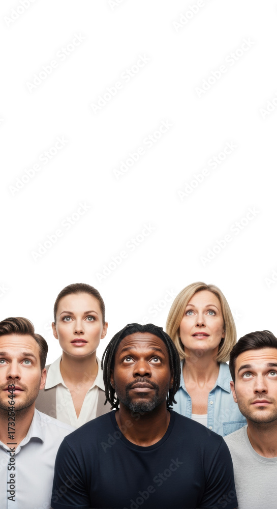 Obraz premium Diverse group of five individuals with wide, curious eyes and furrowed brows, looking upwards on a transparent studio background with ample copy space, concept of shared discovery