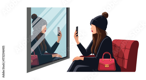 A young woman dressed for winter takes a selfie in a large window with her reflection.