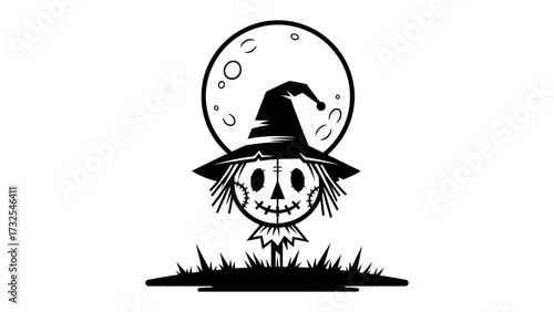 Scarecrow Under Moon: A black and white illustration of a scarecrow, with a hat, and the full moon, evoking an atmosphere of whimsical autumn harvest nights.