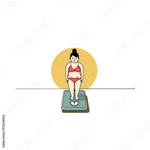 Woman in bikini standing on a weight scale.