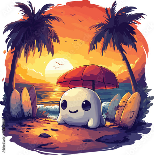 A bright summer illustration depicts a tropical island beach with a car parked under palm trees by the ocean
