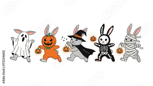 Halloween Bunny Parade: A whimsical procession of costumed bunnies, each dressed as a Halloween icon, merrily skips along, exuding charm and playful anticipation.