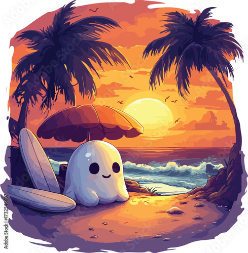 A beautiful tropical island landscape at sunset features palms, sand, and the ocean, perfect for a summer vacation
