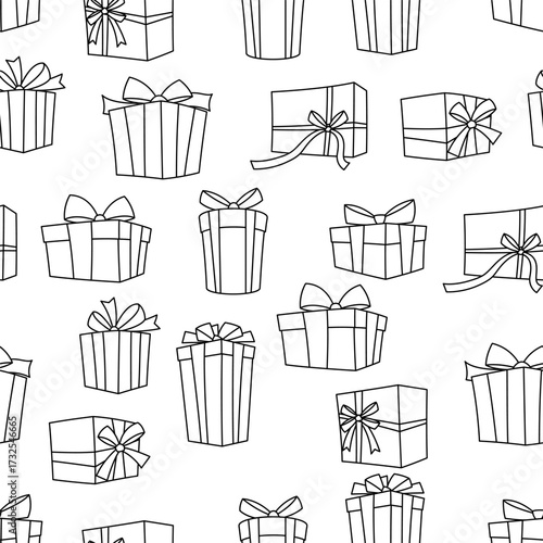 Illustration of gift box. Black line presents gift boxes for celebration, discounts or promotions.