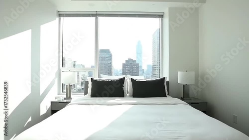 Spacious and Bright Modern Bedroom with Stunning City Skyline View from Large Windows Minimalist Design and Abundant Natural Light in a Contemporary Apartment