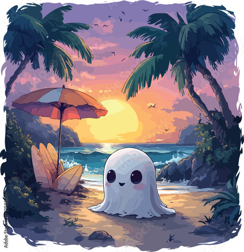 Halloween tropical island landscape illustration with moon and palm tree on a beach in the sea