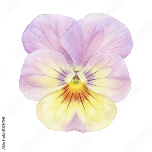 Watercolor pansy flower with delicate lavender and yellow petals, detailed veins isolated on white background