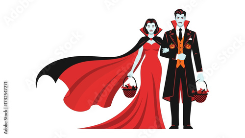A Gothic Embrace: A stylized illustration of a vampire couple stands side by side, arms linked in a moment of dramatic, red and black flair.