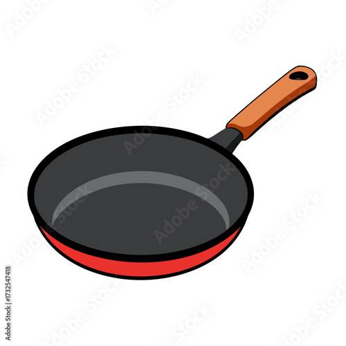 Sleek black frying pan with wood handle, ideal for culinary illustrations, restaurant menus, and modern kitchen designs, adding a touch of professional cooking flair to your project