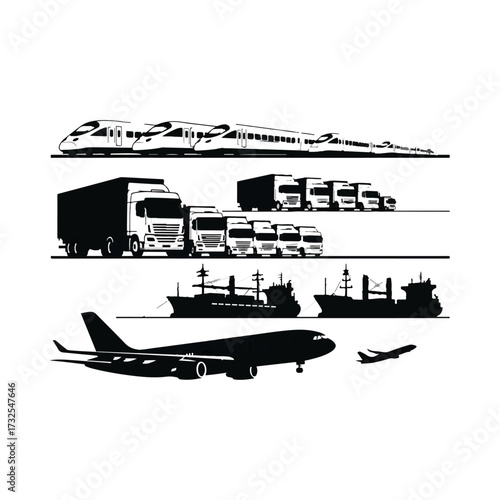 Transportation modes - Trains, trucks, ships, airplanes, and more.