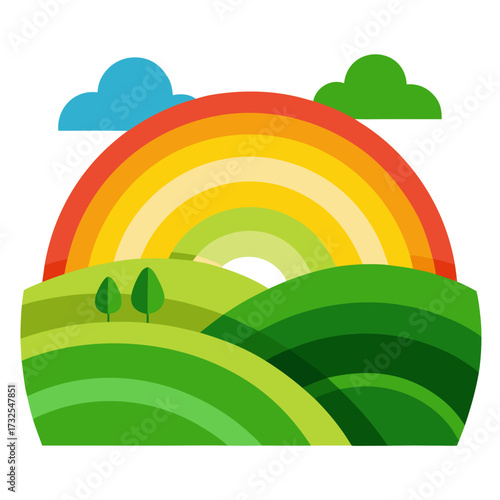 Whimsical rainbow arches over vibrant green rolling hills, promising hope and new beginnings, perfect for children's illustrations and optimistic designs, originally a scalable graphic