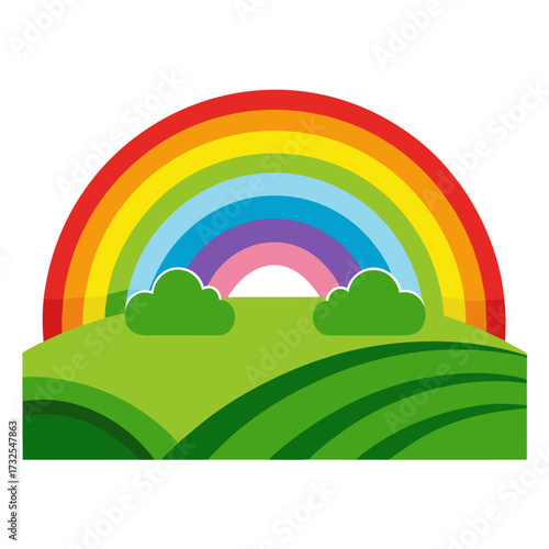 Vibrant rainbow arches over a lush green landscape, promising hope and a bright future, perfect for adding a cheerful touch to any design, originally created as a scalable graphic