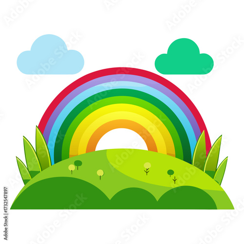 Charming cartoon landscape with vibrant rainbow arching over rolling green hills and playful clouds, evoking happiness and childlike wonder, perfect for children's books or cheerful designs