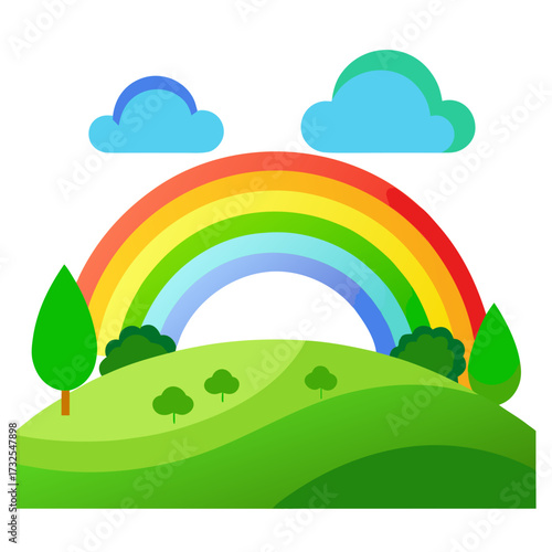 Vibrant rainbow arches over rolling green hills under fluffy clouds, a cheerful whimsical landscape that brings joy, perfect for children's designs and optimistic themes