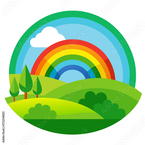 Delightful rainbow arches over verdant hills and trees, a cheerful scene celebrating hope and tranquility, perfect for nature-themed designs and vibrant, optimistic campaigns