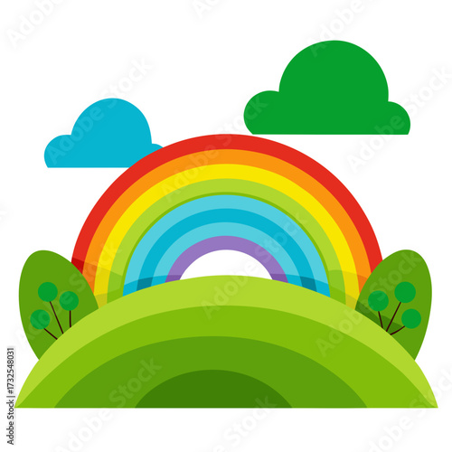 Vibrant rainbow arches over a lush green hillside with cheerful clouds, perfect for children's illustrations, optimistic designs, and bringing a touch of whimsy to any project